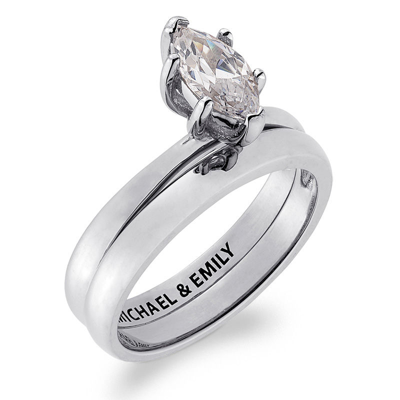 Main Image 2 of Personalized Marquise White Topaz Solitaire Bridal Set in Sterling Silver (1 Line)