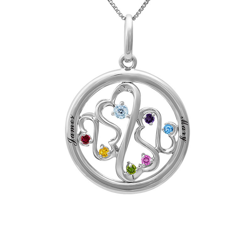 Main Image 1 of Open Hearts Family by Jane Seymour™ Birthstone Circle Pendant in Sterling Silver (7 Stones and Two Lines)