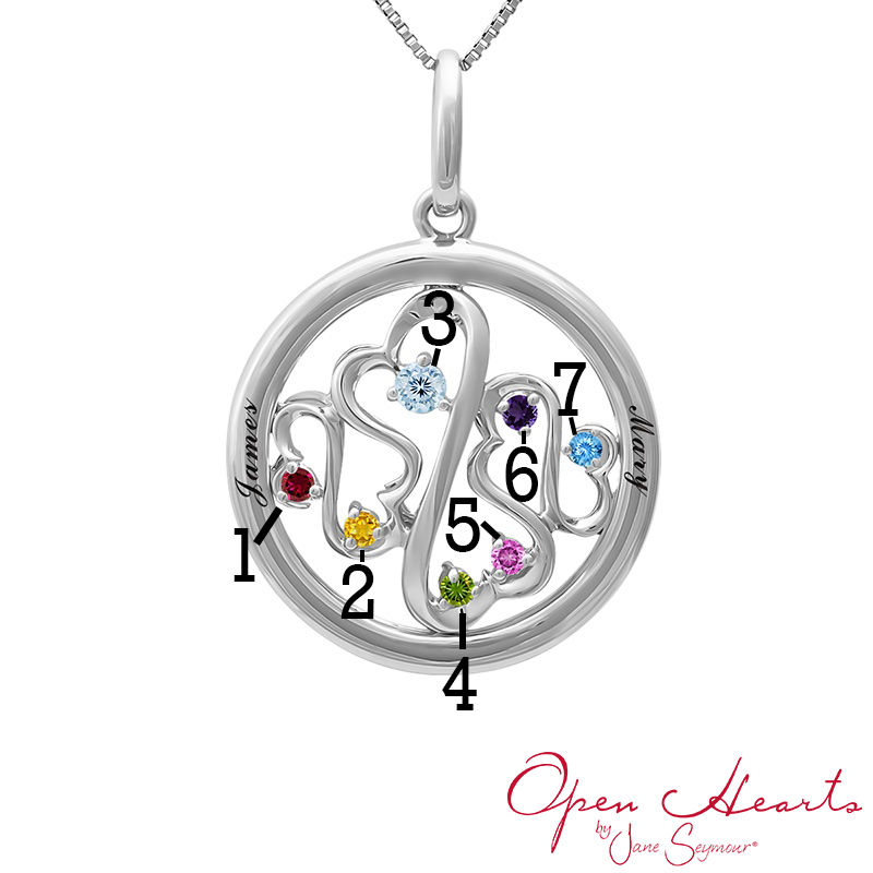 Main Image 3 of Open Hearts Family by Jane Seymour™ Birthstone Circle Pendant in Sterling Silver (7 Stones and Two Lines)