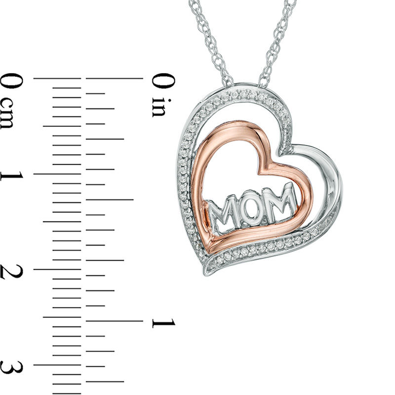 1/10 CT. T.W. Diamond "MOM" Tilted Double Heart Pendant in Sterling Silver and 10K Rose Gold