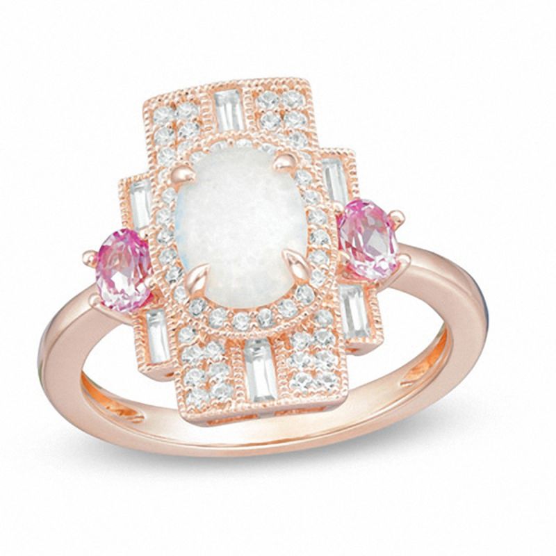 Oval Opal, Pink Sapphire and 3/8 CT. T.W. Diamond Vintage-Style Art Deco Ring in 10K Rose Gold