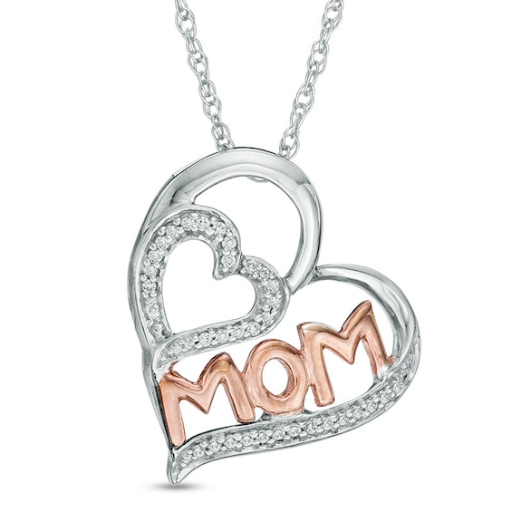 1/10 CT. T.w. Diamond Mom Tilted Double Heart Pendant in Sterling Silver and 10K Rose Gold