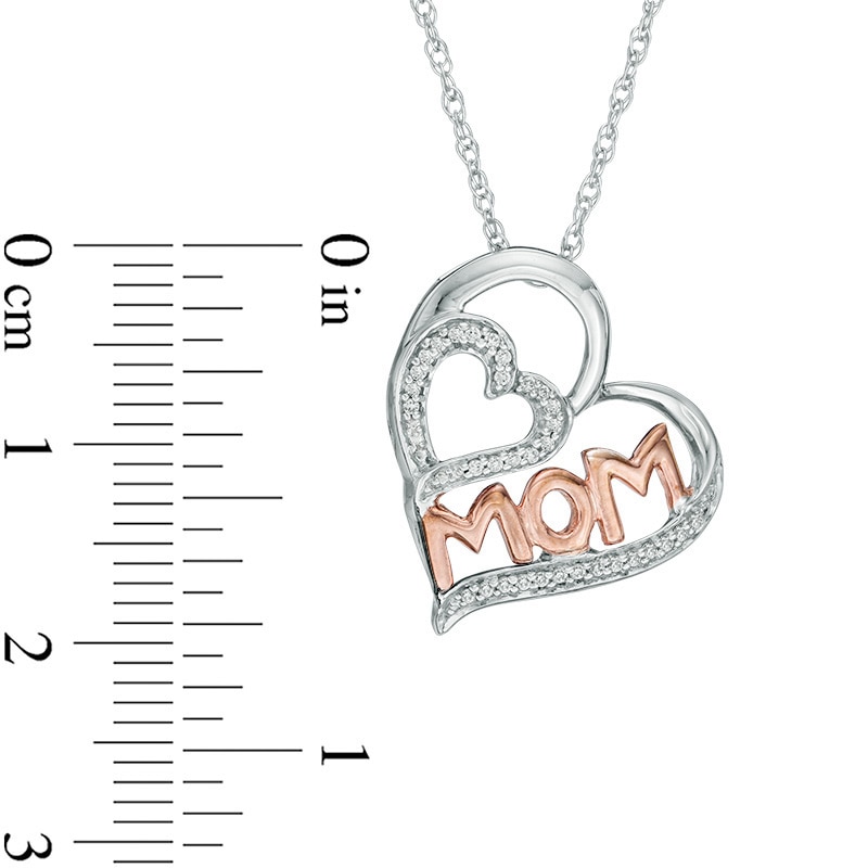 Main Image 2 of 1/10 CT. T.W. Diamond "MOM" Tilted Double Heart Pendant in Sterling Silver and 10K Rose Gold