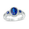Thumbnail Image 1 of Oval Lab-Created Blue and White Sapphire Frame Double Row Ring in Sterling Silver