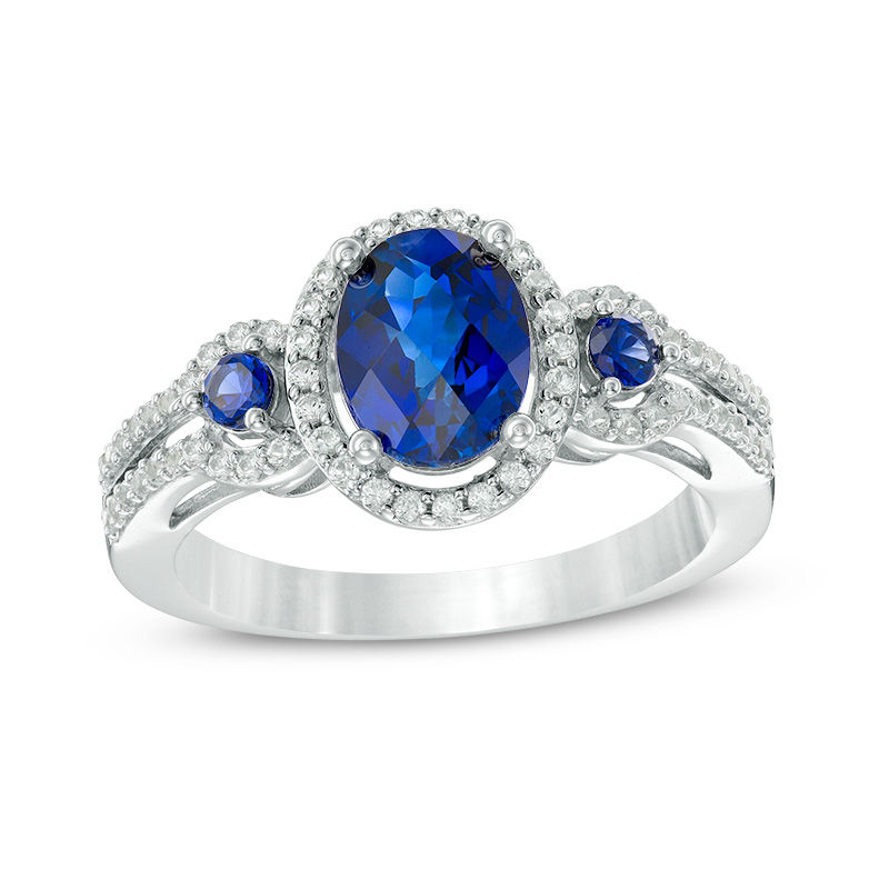 Main Image 1 of Oval Lab-Created Blue and White Sapphire Frame Double Row Ring in Sterling Silver
