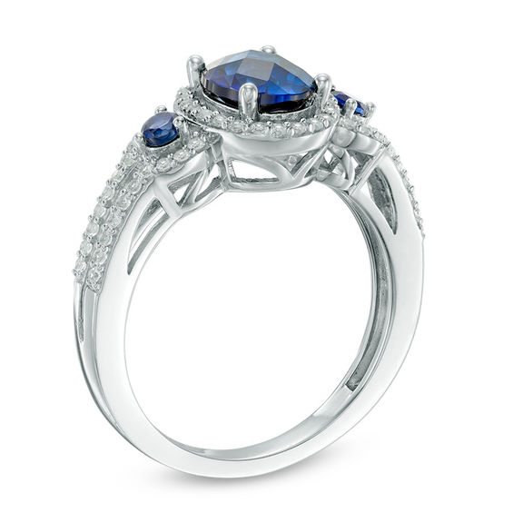 Oval Lab-Created Blue and White Sapphire Frame Double Row Ring in Sterling Silver