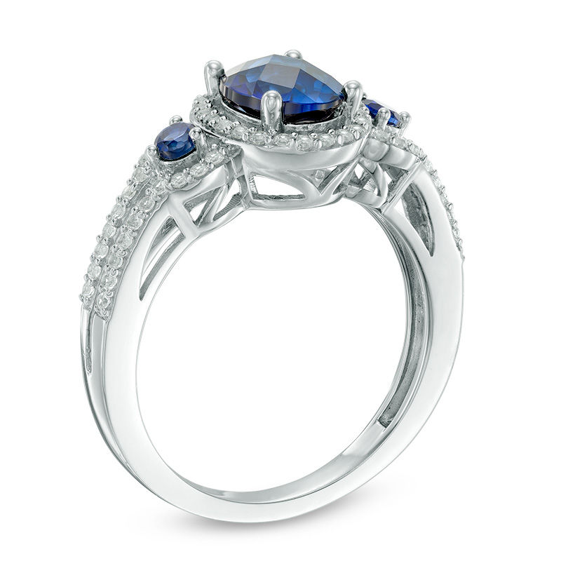 Main Image 2 of Oval Lab-Created Blue and White Sapphire Frame Double Row Ring in Sterling Silver