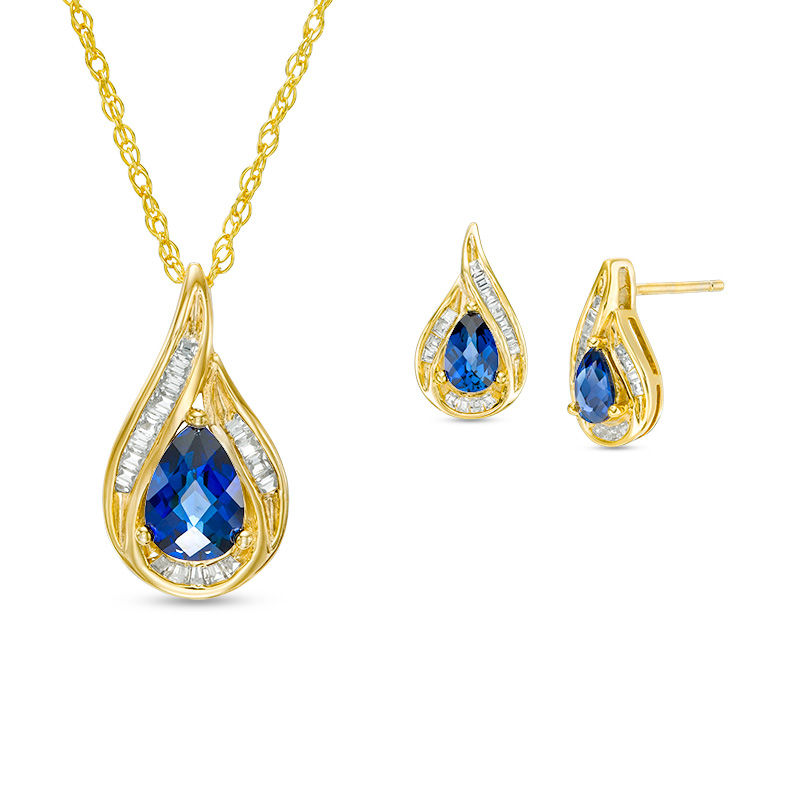 Main Image 1 of Pear-Shaped Lab-Created Blue and White Sapphire Pendant and Stud Earrings Set in Sterling Silver with 14K Gold Plate