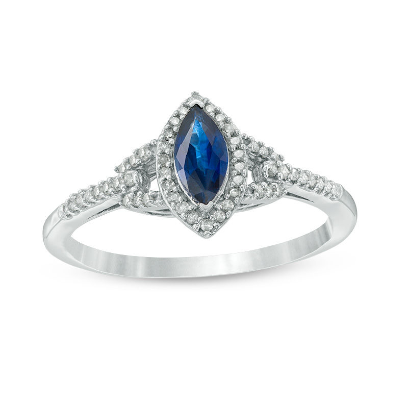 Main Image 1 of Marquise Lab-Created Blue Sapphire and 1/6 CT. T.W. Diamond Frame Buckle Ring in 10K White Gold