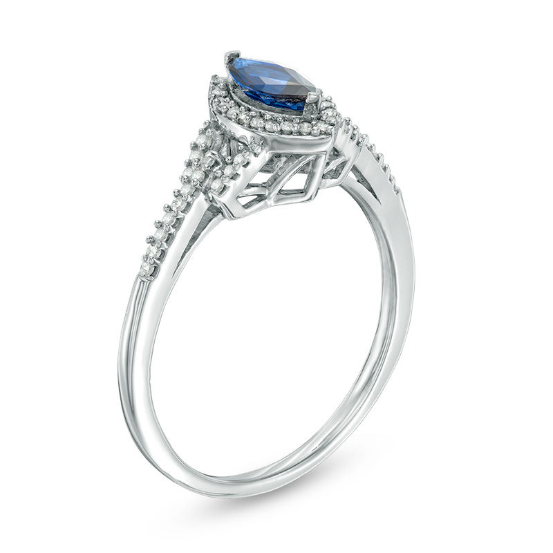 Marquise Lab-Created Blue Sapphire and 1/6 CT. T.W. Diamond Frame Buckle Ring in 10K White Gold