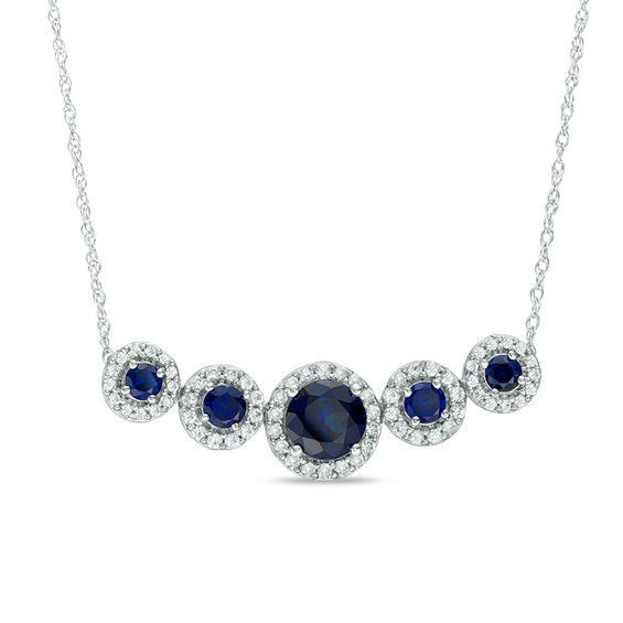 Lab-Created Ceylon and White Sapphire Framed Five Stone Necklace in Sterling Silver