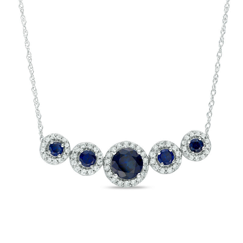 Main Image 1 of Lab-Created Ceylon and White Sapphire Framed Five Stone Necklace in Sterling Silver