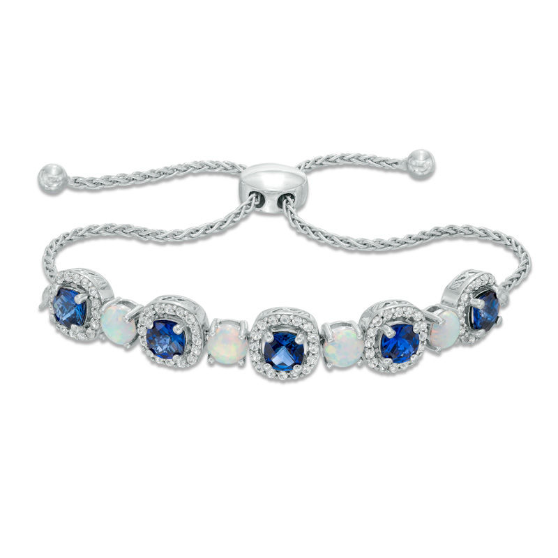 5.0mm Cushion-Cut Lab-Created Ceylon Sapphire, Opal and White Sapphire Frame Bolo Bracelet in Sterling Silver - 9.5"