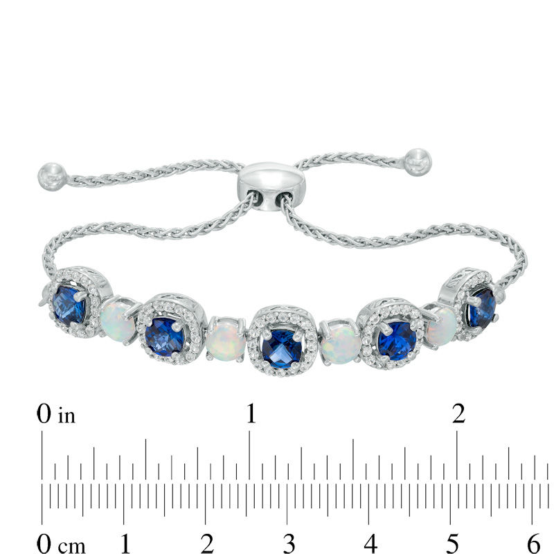 5.0mm Cushion-Cut Lab-Created Ceylon Sapphire, Opal and White Sapphire Frame Bolo Bracelet in Sterling Silver - 9.5"