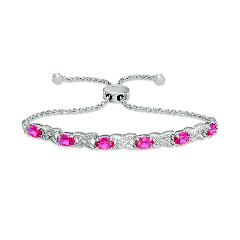 Main Image 1 of Oval Lab-Created Ruby and Diamond Accent "XO" Bolo Bracelet in Sterling Silver - 9.5"