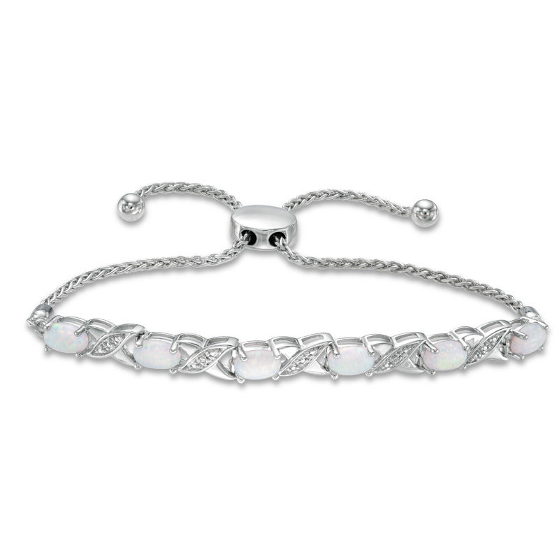 Main Image 1 of Oval Lab-Created Opal and Diamond Accent "XO" Bolo Bracelet in Sterling Silver - 9.5"