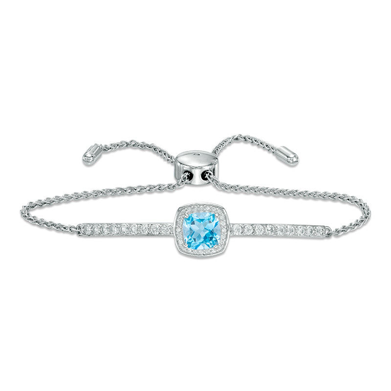 7.0mm Cushion-Cut Swiss Blue Topaz and Lab-Created White Sapphire Frame Bolo Bracelet in Sterling Silver - 9.0"