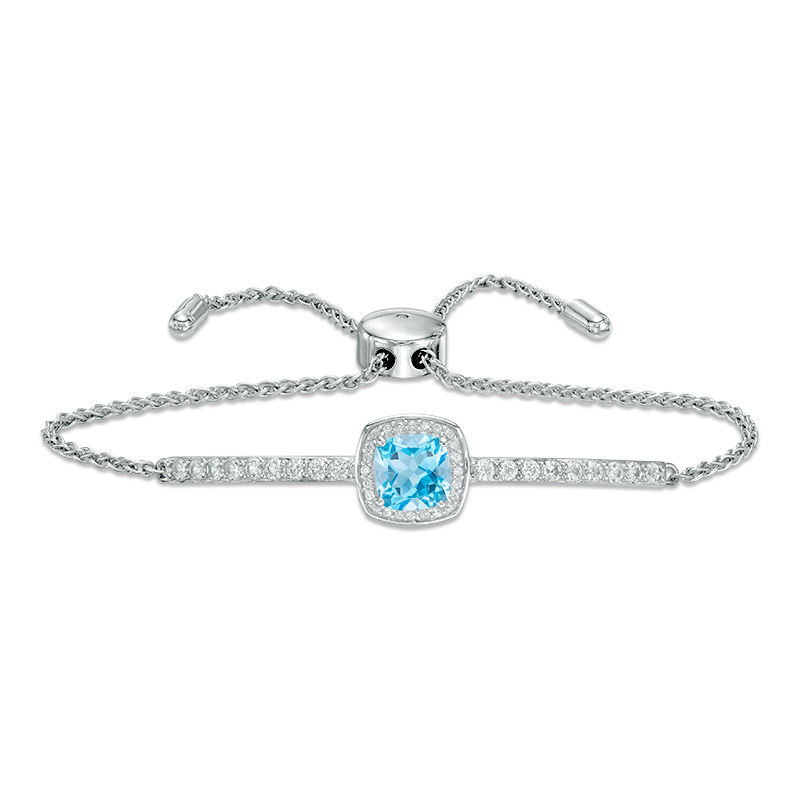 Main Image 1 of 7.0mm Cushion-Cut Swiss Blue Topaz and Lab-Created White Sapphire Frame Bolo Bracelet in Sterling Silver - 9.0"