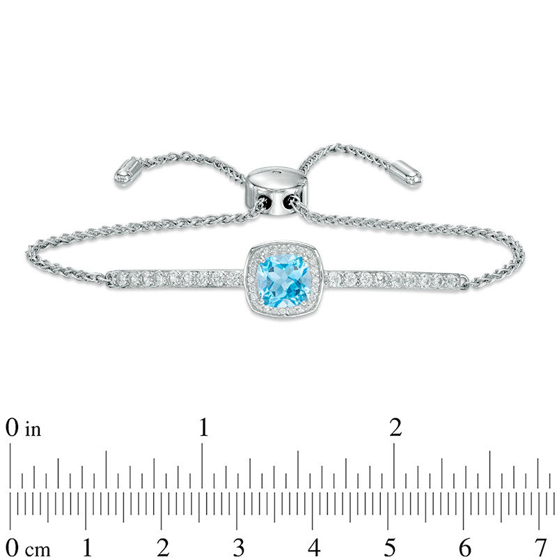 Main Image 2 of 7.0mm Cushion-Cut Swiss Blue Topaz and Lab-Created White Sapphire Frame Bolo Bracelet in Sterling Silver - 9.0"