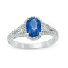 Thumbnail Image 1 of Oval Blue Sapphire and 1/3 CT. T.W. Diamond Frame Split Shank Ring in 14K White Gold