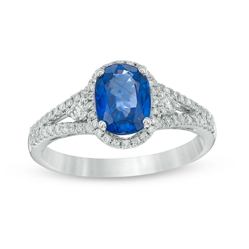 Main Image 1 of Oval Blue Sapphire and 1/3 CT. T.W. Diamond Frame Split Shank Ring in 14K White Gold