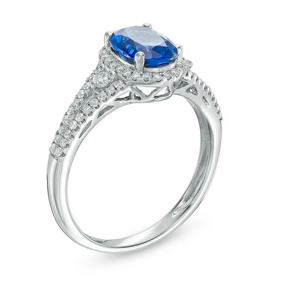 Oval Blue Sapphire and 1/3 CT. T.w. Diamond Frame Split Shank Ring in 14K White Gold