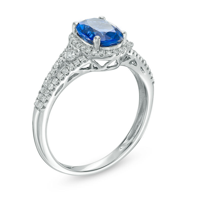 Main Image 2 of Oval Blue Sapphire and 1/3 CT. T.W. Diamond Frame Split Shank Ring in 14K White Gold