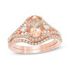 Thumbnail Image 1 of Oval Morganite and 1/2 CT. T.W. Diamond Split Shank Bridal Set in 14K Rose Gold