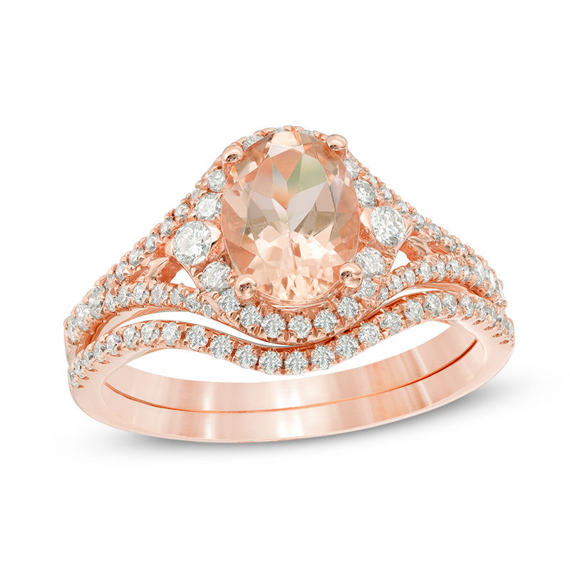 Main Image 1 of Oval Morganite and 1/2 CT. T.W. Diamond Split Shank Bridal Set in 14K Rose Gold
