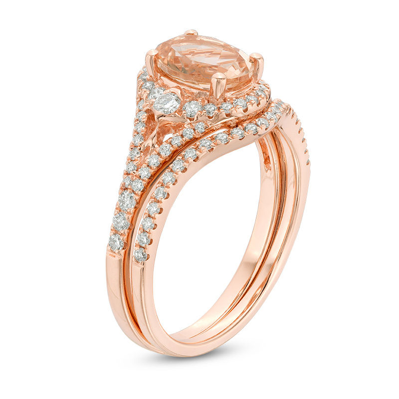 Main Image 2 of Oval Morganite and 1/2 CT. T.W. Diamond Split Shank Bridal Set in 14K Rose Gold
