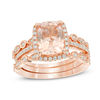 Thumbnail Image 1 of Morganite and 3/8 CT. T.W. Diamond Frame Art Deco Three Piece Bridal Set in 14K Rose Gold