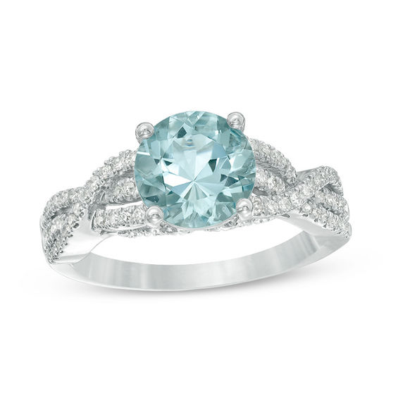 8.0mm Aquamarine and 1/5 CT. T.w. Diamond Twist Shank Ring in 14K White Gold