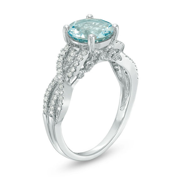 8.0mm Aquamarine and 1/5 CT. T.w. Diamond Twist Shank Ring in 14K White Gold