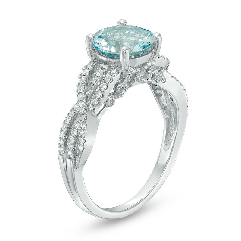 Main Image 2 of 8.0mm Aquamarine and 1/5 CT. T.W. Diamond Twist Shank Ring in 14K White Gold