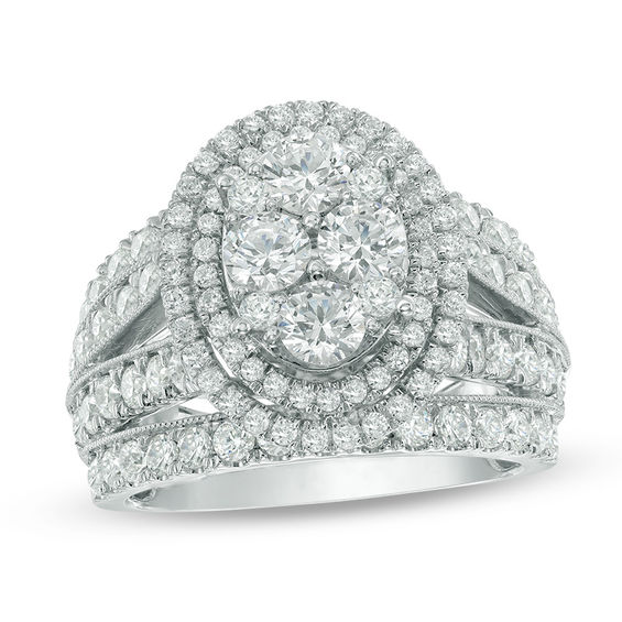 3 CT. T.w. Quad Diamond Oval Frame Multi-Row Vintage-Style Engagement Ring in 14K White Gold