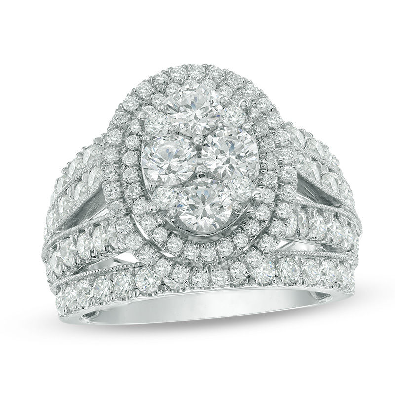 Main Image 1 of 3 CT. T.W. Quad Diamond Oval Frame Multi-Row Vintage-Style Engagement Ring in 14K White Gold
