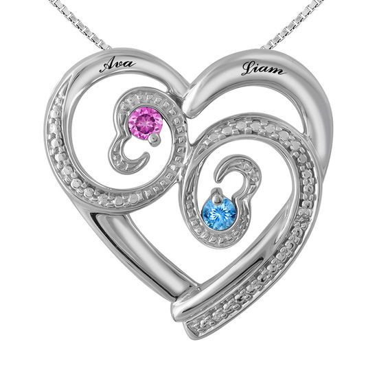 Open Hearts Waves by Jane Seymourâ¢ Birthstone and Diamond Accent Pendant in Sterling Silver (2 Stones and Names)