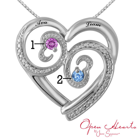 Open Hearts Waves by Jane Seymourâ¢ Birthstone and Diamond Accent Pendant in Sterling Silver (2 Stones and Names)