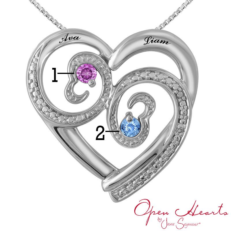 Main Image 3 of Open Hearts Waves by Jane Seymour™ Birthstone and Diamond Accent Pendant in Sterling Silver (2 Stones and Names)