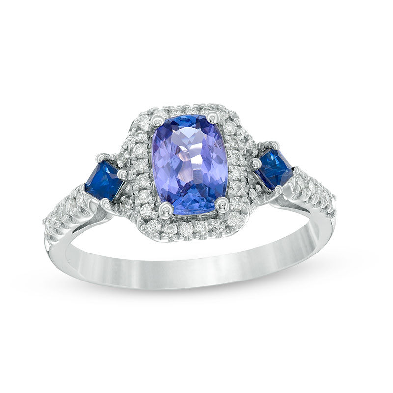 Tanzanite, Blue Sapphire and 1/6 CT. T.W. Diamond Three Stone Ring in 14K White Gold