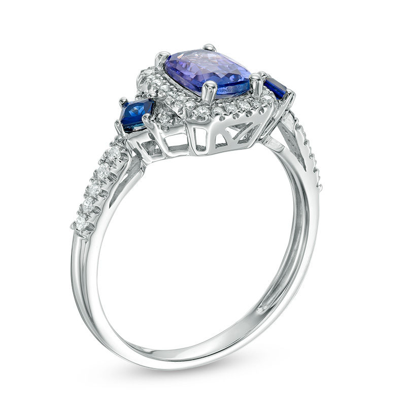 Tanzanite, Blue Sapphire and 1/6 CT. T.W. Diamond Three Stone Ring in 14K White Gold