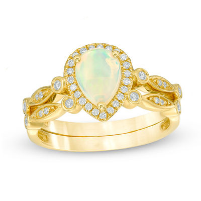 10k Yellow Gold Pear Opal And Diamond Ring 