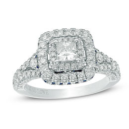 Vera Wang Love Collection 1-1/3 CT. T.W. Princess-Cut Diamond and Sapphire Frame Engagement Ring in 14K White Gold