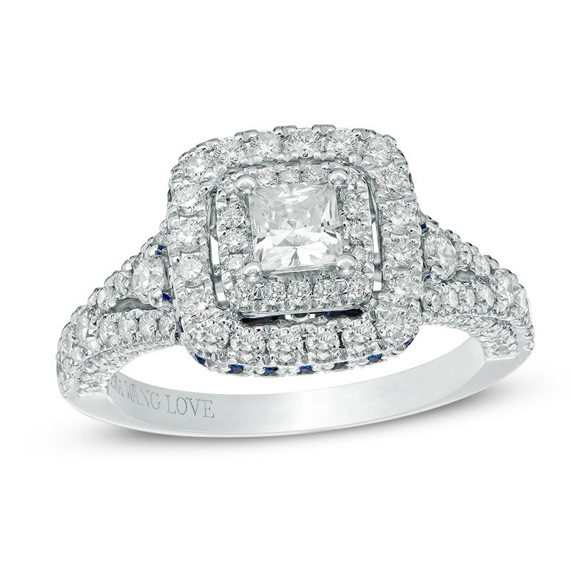 Vera Wang Love Collection 1-1/3 CT. T.W. Princess-Cut Diamond and Sapphire Frame Engagement Ring in 14K White Gold