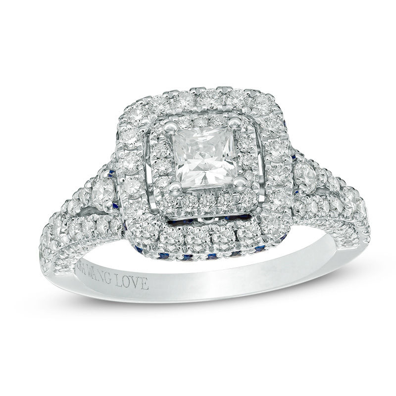 Main Image 1 of Vera Wang Love Collection 1-1/3 CT. T.W. Princess-Cut Diamond and Sapphire Frame Engagement Ring in 14K White Gold