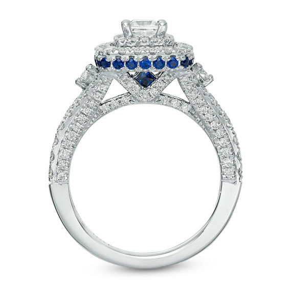 Vera Wang Love Collection 1-1/3 CT. T.w. Princess-Cut Diamond and Sapphire Frame Engagement Ring in 14K White Gold