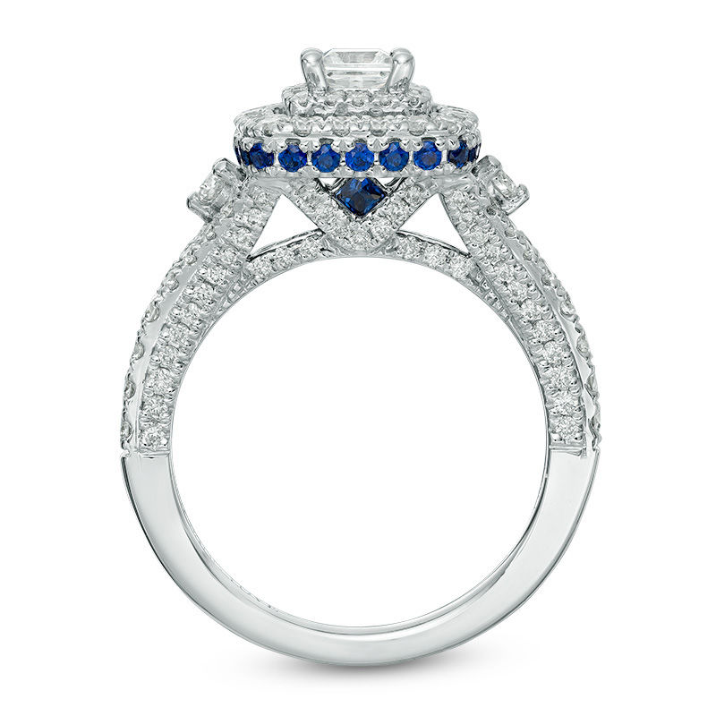Vera Wang Love Collection 1-1/3 CT. T.W. Princess-Cut Diamond and Sapphire Frame Engagement Ring in 14K White Gold