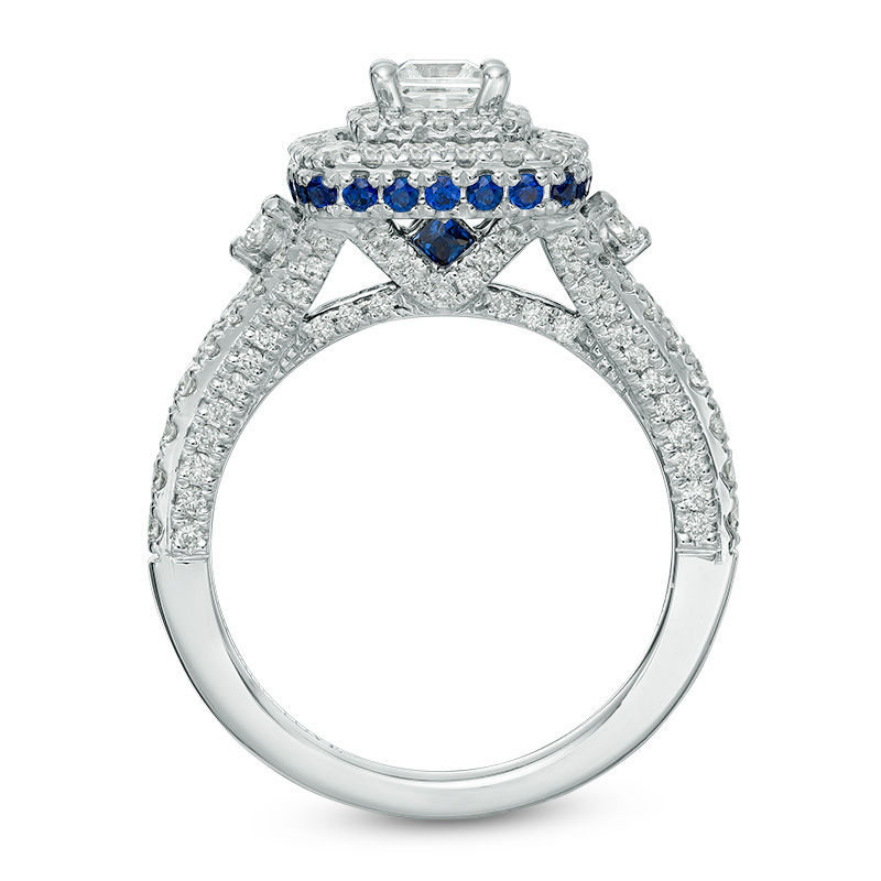 Main Image 3 of Vera Wang Love Collection 1-1/3 CT. T.W. Princess-Cut Diamond and Sapphire Frame Engagement Ring in 14K White Gold