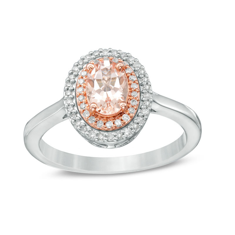 Oval Morganite and 1/6 CT. T.W. Diamond Double Frame Ring in 10K Two-Tone Gold