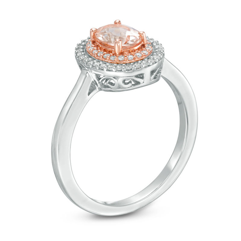 Oval Morganite and 1/6 CT. T.W. Diamond Double Frame Ring in 10K Two-Tone Gold